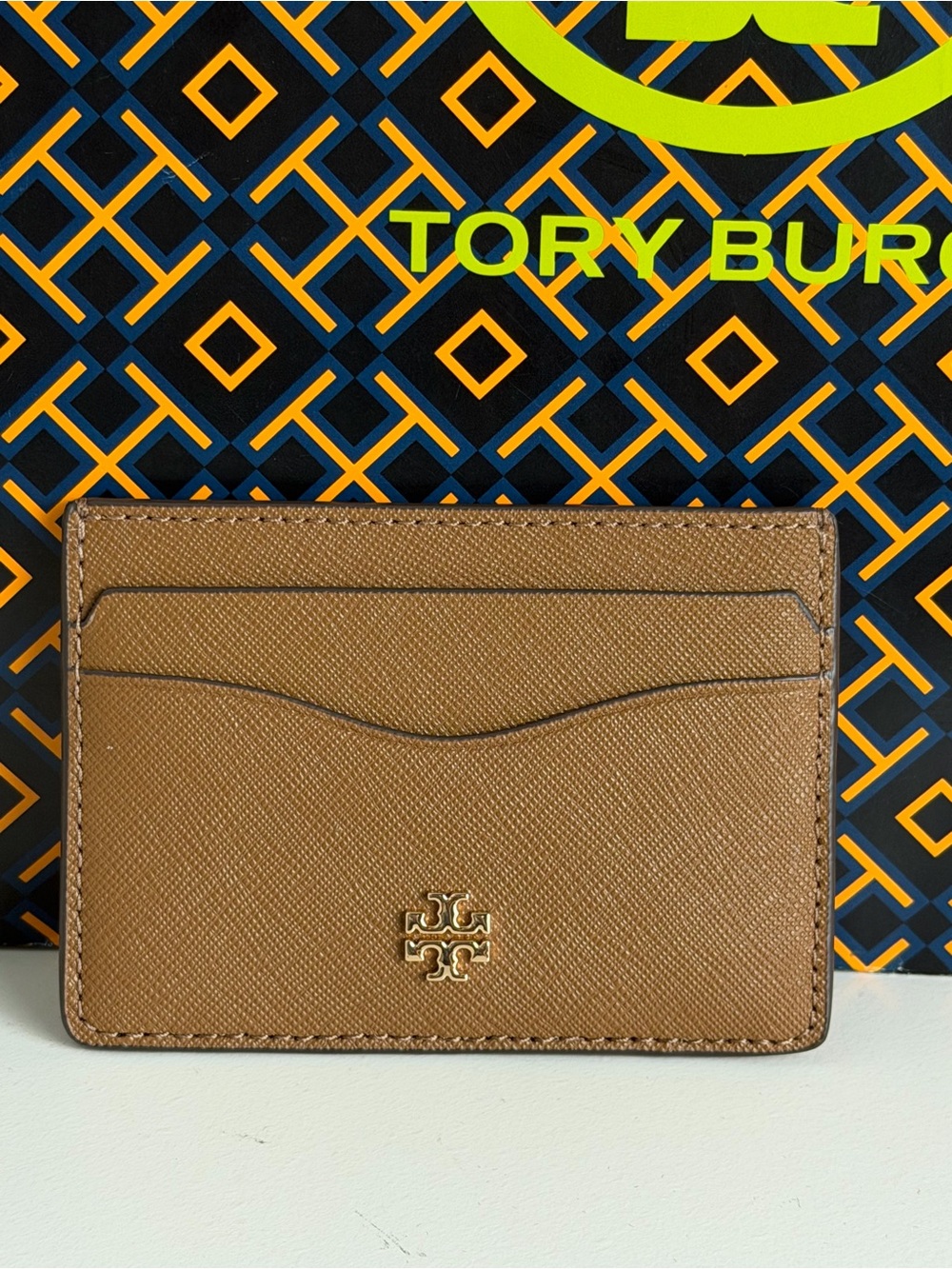 Tory Burch Brown Saffiano Leather Card Holder with Gold Logo